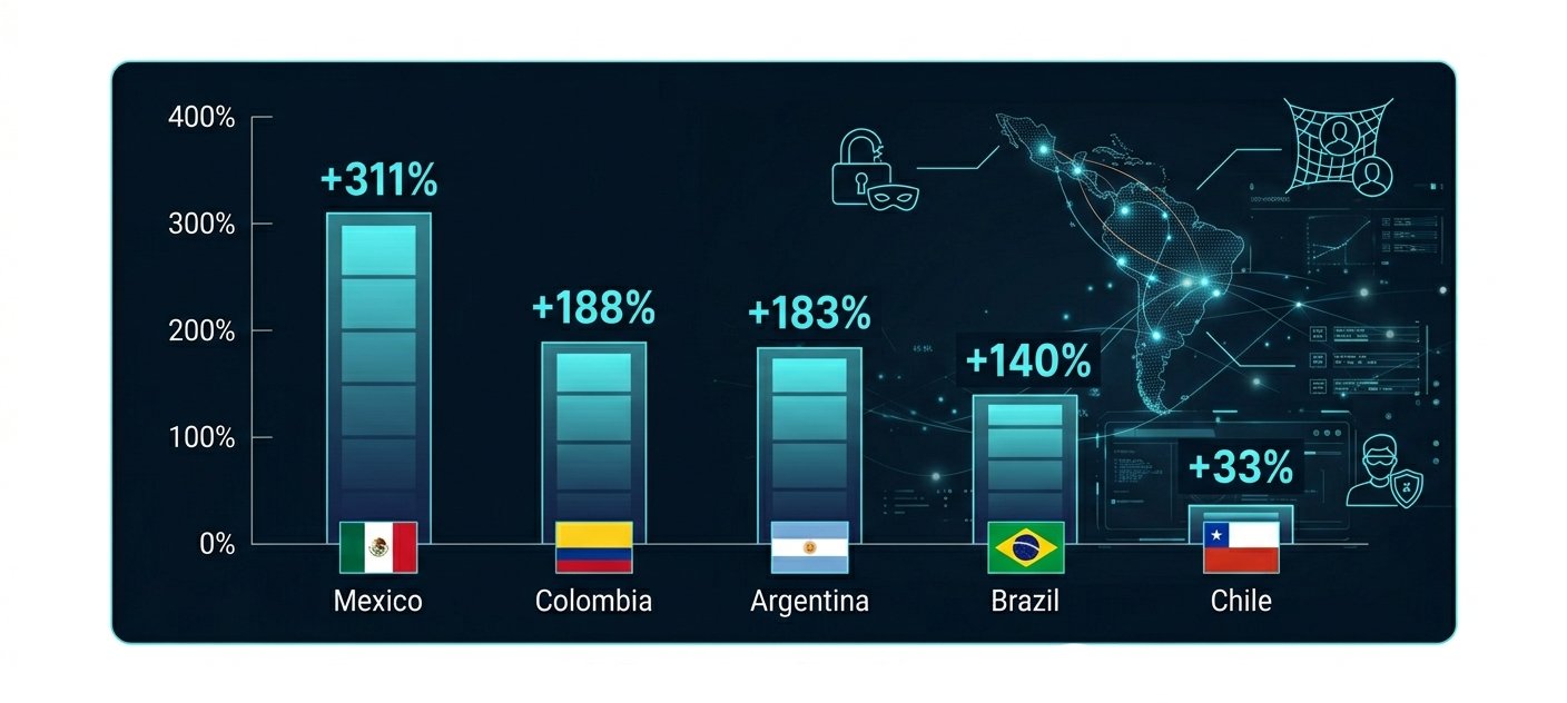 Ataques de toma de control de cuentas ATO por país LATAM 2025.
Fuente: BioCatch 2026