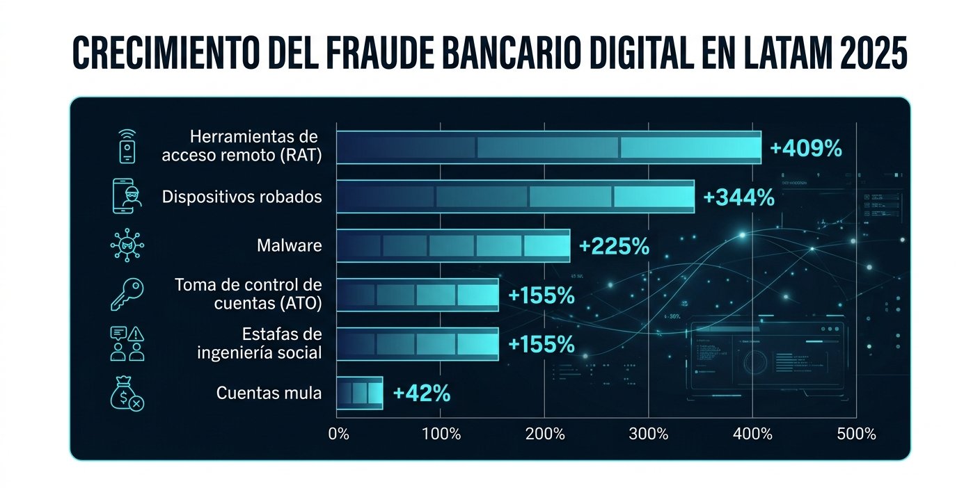 Crecimiento del fraude bancario digital en LATAM 2025. Fuente: BioCatch 2026